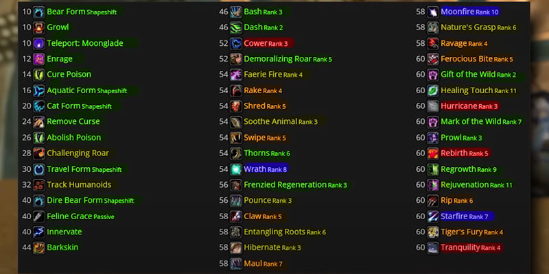 WOW Classic Druid Class Key Abilities to Buy Screenshot