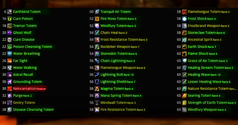 WOW Classic Shaman Key Abilities Screenshot